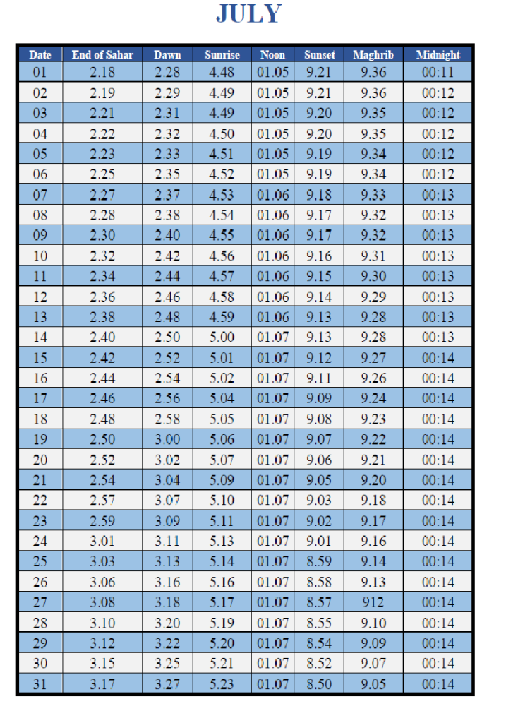 Prayer Timetable Islamic Universal Association