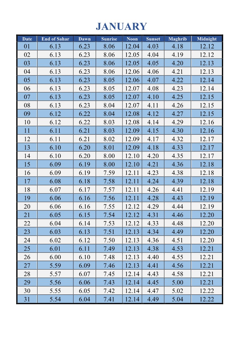 Prayer Timetable – Islamic Universal Association