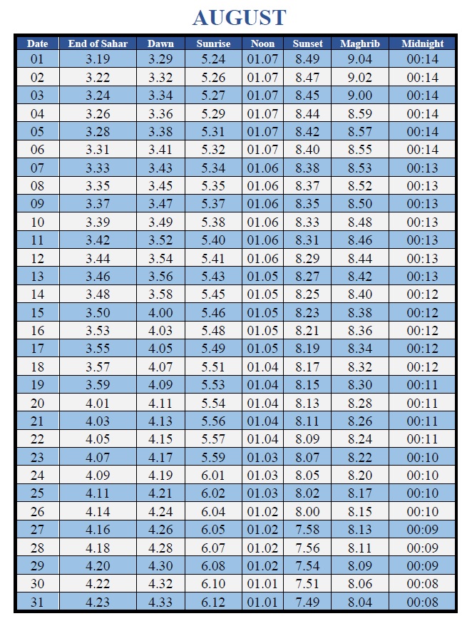 Prayer Timetable – Islamic Universal Association